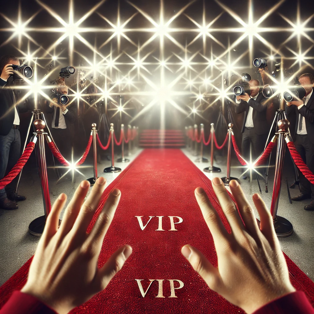 Hands reaching towards a VIP red carpet entrance with photographers and flashing lights, symbolizing celebrity and exclusive events.